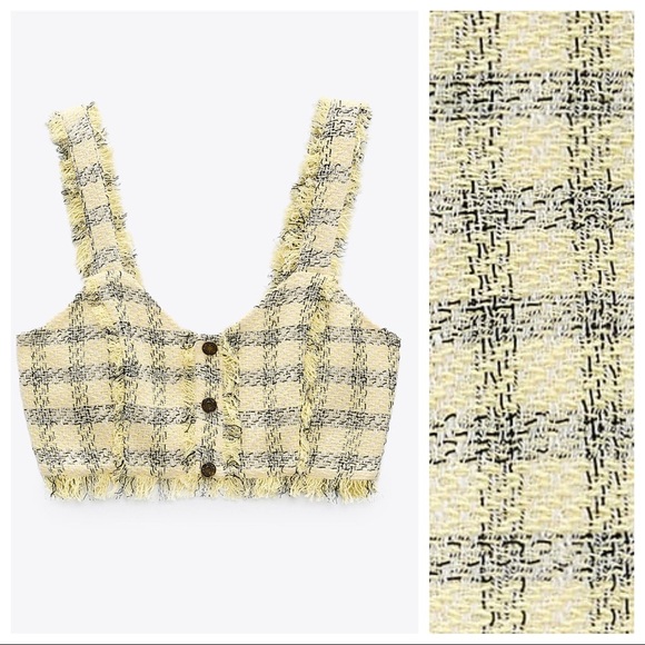 NWT. Zara Yellow Textured Frayed Crop Strappy Top with Buttons. Size M - Picture 4 of 10
